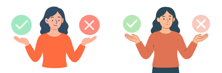 Poster - Two women demonstrating concepts of approval and disapproval with colored symbols in a simple design