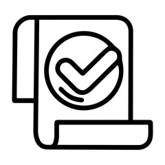 Aufkleber - Outline style image depicts a document scroll with a large checkmark, signifying a completed, approved, verified document. Related to form submission success, agreement signing, record validation