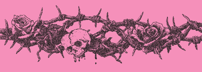 Aufkleber - Artistic depiction of skull and roses intertwined with thorns on a vibrant pink background creating a striking contrast