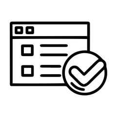 Aufkleber - Outline style image depicts a web browser window showing a checklist with two items and a large checkmark symbol within a circle, signifying that the tasks or form within the tab are completed