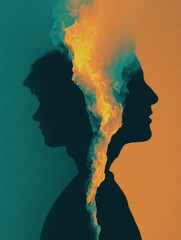 Poster - Two Silhouettes Merging Into One Abstract Shape With Vibrant Colors and Dynamic Forms, Creating a Visual Representation of Unity and Connection