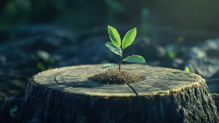 Poster - A tree stump with a small plant growing out of it