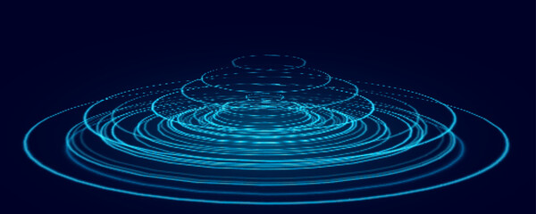 Poster - Futuristic vector illustration featuring glowing blue concentric rings on a dark background. Evoking energy waves with digital pulses in motion. Graphic element for modern digital interfaces.