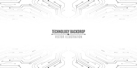 Poster - Minimalistic futuristic background featuring abstract circuit lines and electronics elements on white backdrop. Digital hi-tech backdrop with electronic system. Vector illustration.
