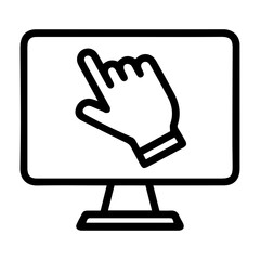 Aufkleber - Outline style image depicts a desktop computer monitor with a hand-shaped cursor pointing upwards on its screen, symbolizing user interaction, selection, or a call to action on a digital display