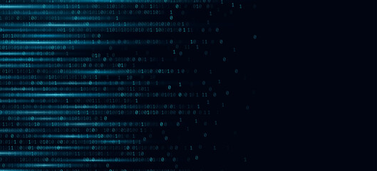 Poster - Glowing binary code cascading on a dark blue background. Backdrop for hacking, data encryption, digital systems, and virtual networks. Cybersecurity and coding concept. Vector illustration.