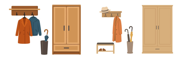 Aufkleber - Stylish wooden wardrobe and coat storage with accessories in modern home interior design