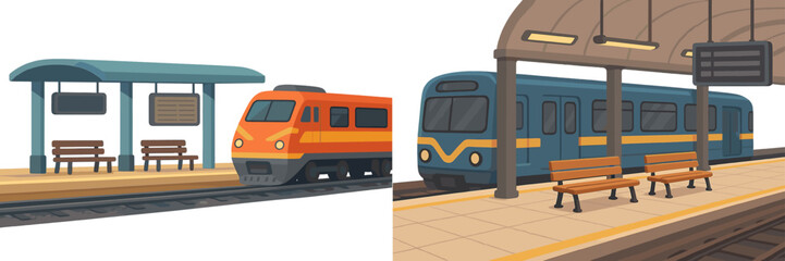 Poster - Colorful train station with vibrant trains and benches during a bright day