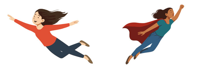 Fototapete - Young girl in playful flight wearing a red cape and a cheerful expression, demonstrating imagination and joy