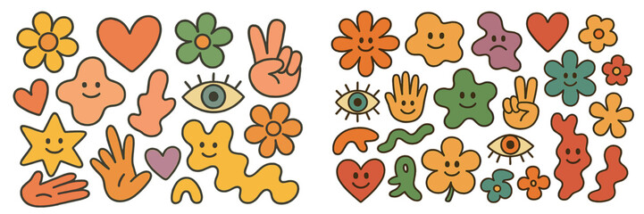 Poster - Colorful and playful doodles of flowers, shapes, and smiling faces in a cheerful design