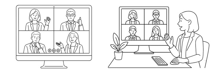 Poster - Business professionals engage in a virtual meeting while one participant gestures positively from a separate screen