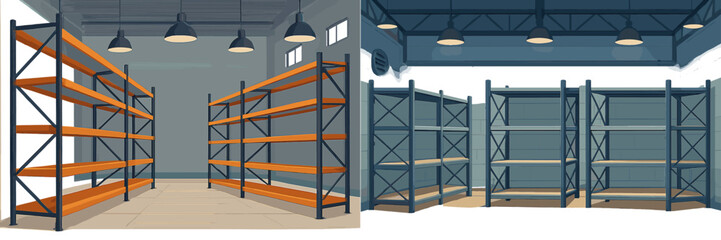 Poster - Empty shelving units in a modern storage room with overhead lighting and a spacious design during the day