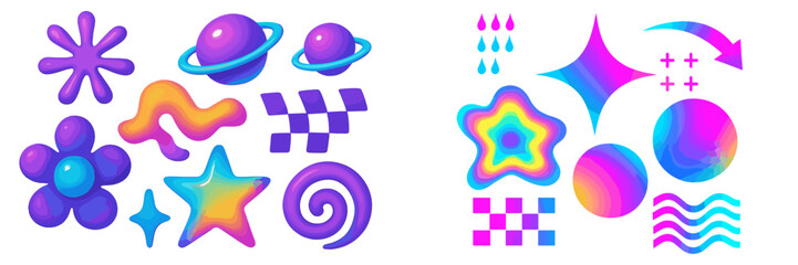 Poster - Colorful abstract shapes and designs in vibrant hues displayed on a white background showcasing a playful artistic style