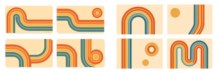 Poster - Colorful abstract geometric patterns featuring retro design elements in vibrant orange, blue, and yellow hues