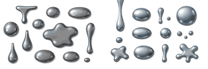 Poster - Various shapes and sizes of silver metallic blobs on a white background showcasing creativity and design elements