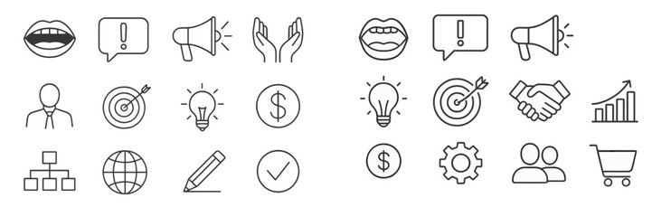 Poster - Collection of various business and communication icons representing teamwork, goals, and strategies