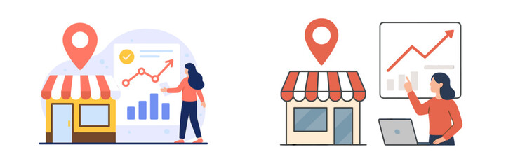 Poster - Business owner analyzing growth trends and market data while utilizing location-based services for strategic planning
