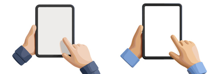 Poster - Hands interacting with a digital tablet showing blank screens in a minimalistic design