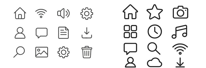 Poster - Collection of simple black and white icons representing various digital activities and functions for user interface design