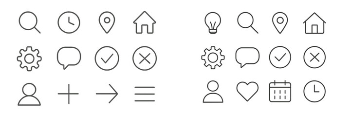 Poster - Minimalist icons representing various concepts including search, time, location, and user interaction designed for user interface applications