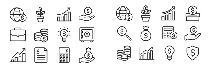Poster - Various financial icons representing growth, investment, and savings in a minimalist style