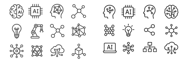 Poster - Collection of line art illustrations depicting artificial intelligence concepts and technologies related to neural networks and algorithms