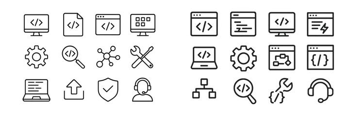 Fototapete - Various coding and technology icons representing software development activities and tools for web programming