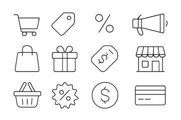 Poster - Icons representing shopping activities and retail concepts displayed on a white background with simple line drawings