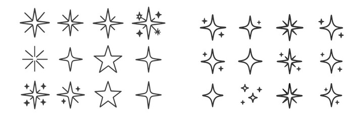Aufkleber - Numerous star and sparkle designs in black outline on a plain background, suitable for crafting or digital use
