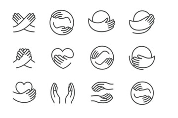 Poster - Hands holding various shapes representing care and support in a minimalistic style