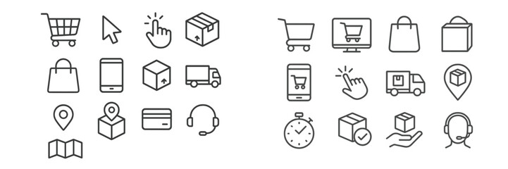 Poster - collection of simple line icons illustrating online shopping and delivery processes in modern commer