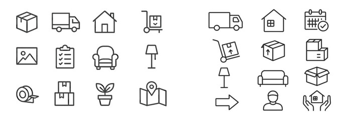 Poster - Collection of icons representing moving, logistics, and home activities in a minimalist style