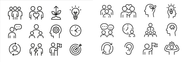 Poster - Collection of minimalist icons illustrating teamwork, growth, and communication in a modern design style