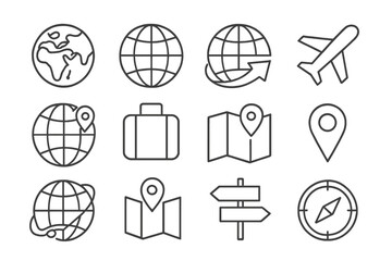 Poster - Global travel icons depicting earth, maps, and navigation tools for wanderlust and exploration enthusiasts