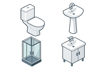 Aufkleber - Various bathroom fixtures including a toilet, sink, shower enclosure, and vanity cabinet in modern style design