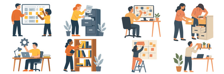 Poster - Team members collaborating on office tasks and organizing documents in a modern workspace