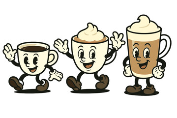 Aufkleber - Cute cartoon coffee cups with smiling faces and animated poses celebrating coffee culture in a playful way