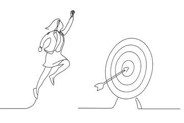 Poster - Creative illustration of a person jumping towards a target with a cookie in hand, symbolizing ambition and goals
