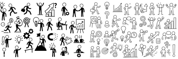Poster - Diverse icons representing teamwork, productivity, and innovation in a corporate environment during daylight hours