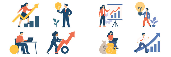 Poster - Business growth illustrated through various activities showcasing teamwork, analysis, and financial progress in a corporate setting