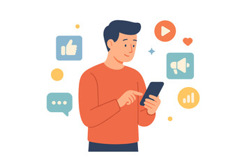 Poster - Young man engaging with social media on smartphone surrounded by digital icons representing interaction and content sharing
