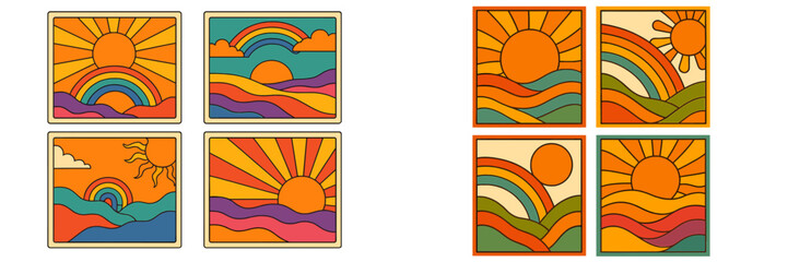 Poster - Colorful retro patterns featuring sun and rainbow designs in vibrant hues for creative inspiration