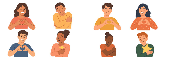 Poster - Diverse group of people expressing love and appreciation through gestures in a cheerful illustrated setting