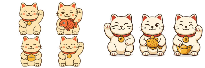 Poster - Cute cartoon cats displaying various gestures and symbols of good fortune and prosperity in a cheerful design style