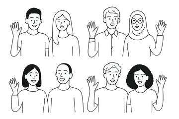 Aufkleber - Diverse group of people smiling and waving in a friendly gesture during a casual gathering