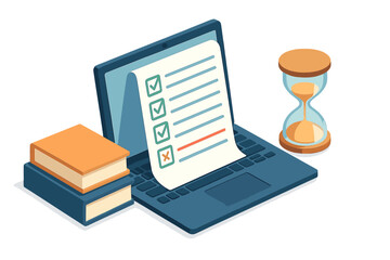 Poster - Organizing tasks and time management with a laptop, checklist, books, and hourglass on a clean workspace
