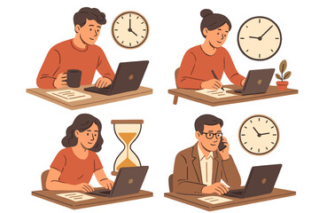 Poster - Various people engaging in work activities at desks with laptops and clocks in a modern office setting