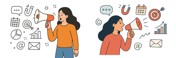 Aufkleber - Young woman using a megaphone to share ideas in a creative workspace filled with graphics and symbols