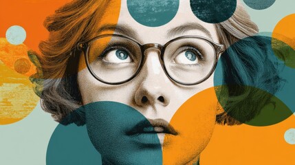 Poster - Woman With Wide Open Eyes Contemplating Various Thoughts Represented by Colorful Bubbles in an Artistic Expression