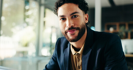 Poster - Portrait, finance or confident businessman with smile for budget savings, loan help or career. Financial review, proud or investment banker in office for wealth management, taxes or profit growth